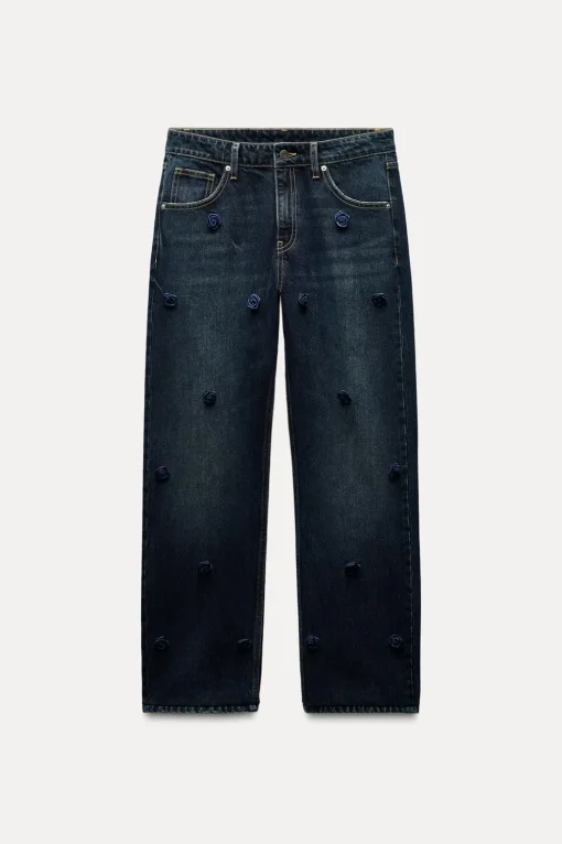 JEANS RECTOS FLORES SATINADAS TIRO ALTO
